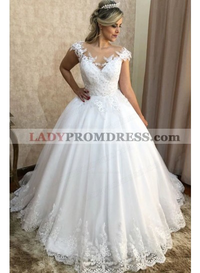 Ball Gown Tulle Lace Sheer Neck Beads Cap Sleeves Sweep Train Wedding ...