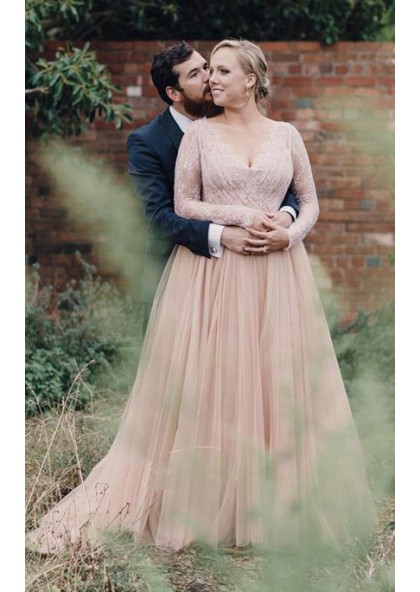 2020 New Arrival A Line V Neck Lace Pink Long Sleeves Tulle Plus Size  Wedding Dresses